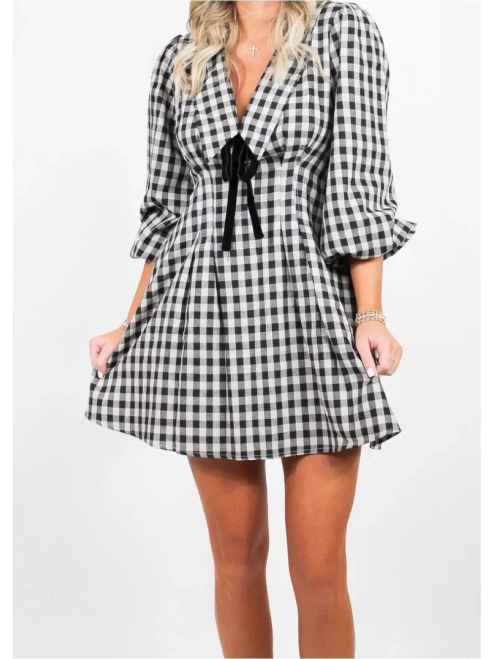 One Loved Babe Gingham Oversized V-Neck Peter Pan Collar Babydoll Mini Dress